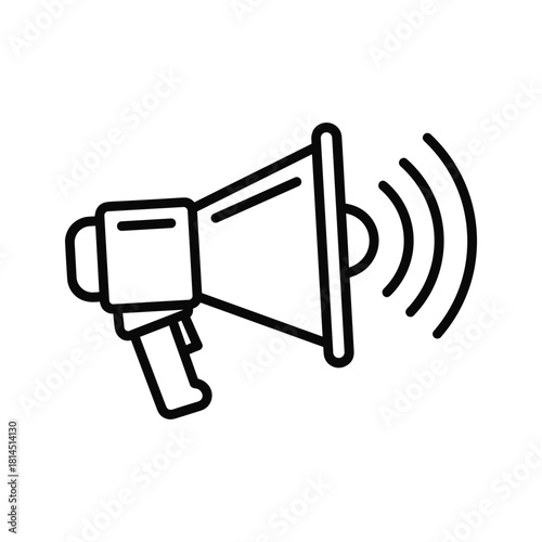 Simple black and white line art icon of a megaphone broadcasting sound waves, isolated on