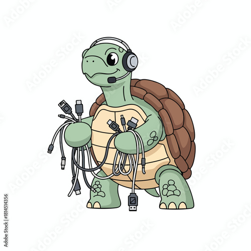 Turtle with headphones and tangled cables