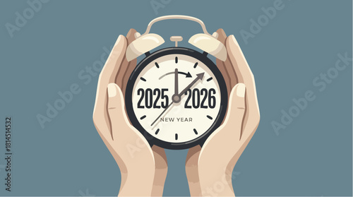 Hands holding an alarm clock showing the transition from year 2025 to 2026.