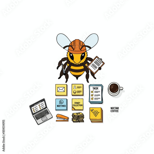 Busy Bee Working on Tasks with Laptop and Coffee
