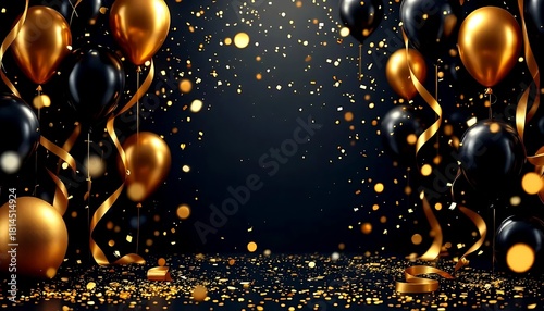 Elegant black and gold balloons and confetti create a festive atmosphere for a celebration © Imagination-Studio