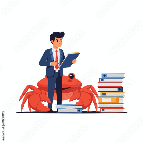 Businessman reading near a large crab and books