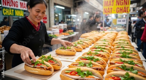 Asian woman preparing sandwiches at a food stall with copy space