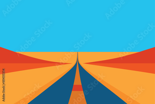 Straight road in desert leading towards horizon under clear blue sky flat vector