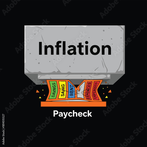 Conceptual illustration depicting inflation's impact, showing money being shredded by a machine labeled inflation, with a paycheck beneath.