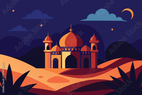 Desert mosque at night with crescent moon and stars glowing in dark sky