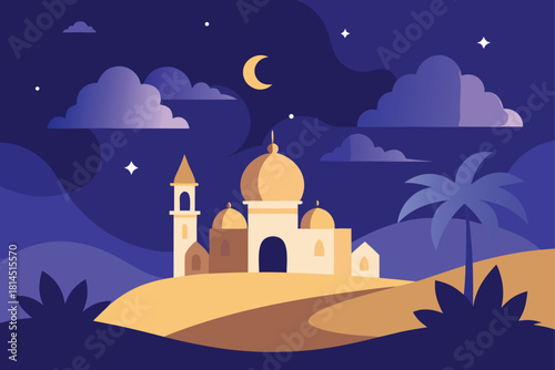 Arabian landscape with mosque under starry night sky and crescent moon