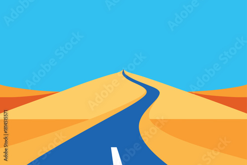 Winding desert road curving over sand dunes under a bright blue sky