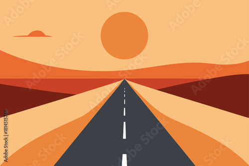 Long desert road leading to sunset and distant mountains flat vector illustration