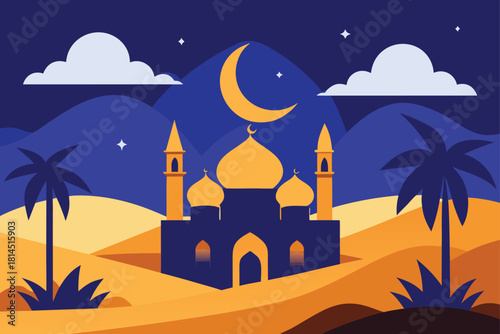 Abstract mosque in desert at night with moon, stars, and clouds