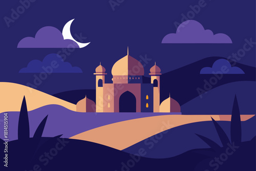 Minimalist mosque in purple desert at night with moon and clouds