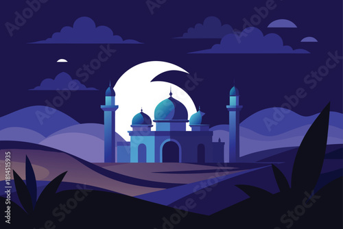 Mosque building in desert landscape at night with crescent moon and mountains