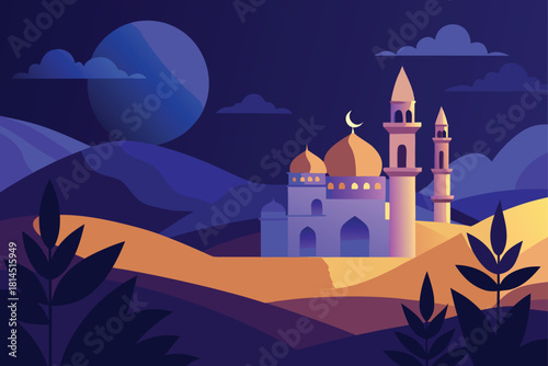 Mosque building in desert landscape at night with moon and mountains illustration