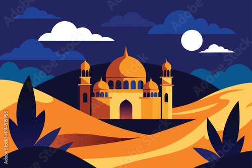 Mosque building in desert landscape at night with moon and sand dunes illustration