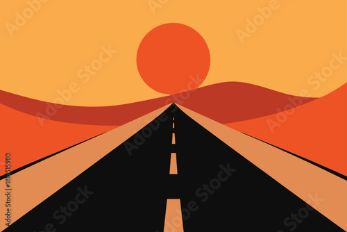 Straight highway road with desert landscape and setting sun minimal illustration