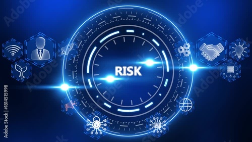 Digital risk management concept with glowing icons and central RISK text Keywords: risk, risk management, business, finance, technology, digital, abstract, concept, innovation, network, data
