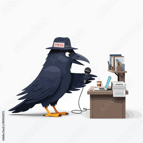 Cartoon Crow Journalist at Work Desk