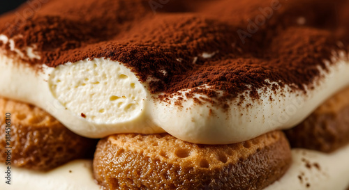 Fototapeta Naklejka Na Ścianę i Meble -  Close-up of a layered tiramisu dessert with ladyfingers, creamy filling, and cocoa powder topping.