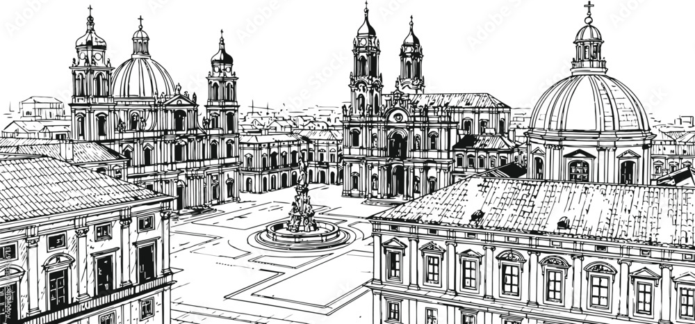 Obraz premium Ornate gothic architecture silhouette featuring multiple spires and domes on dark background