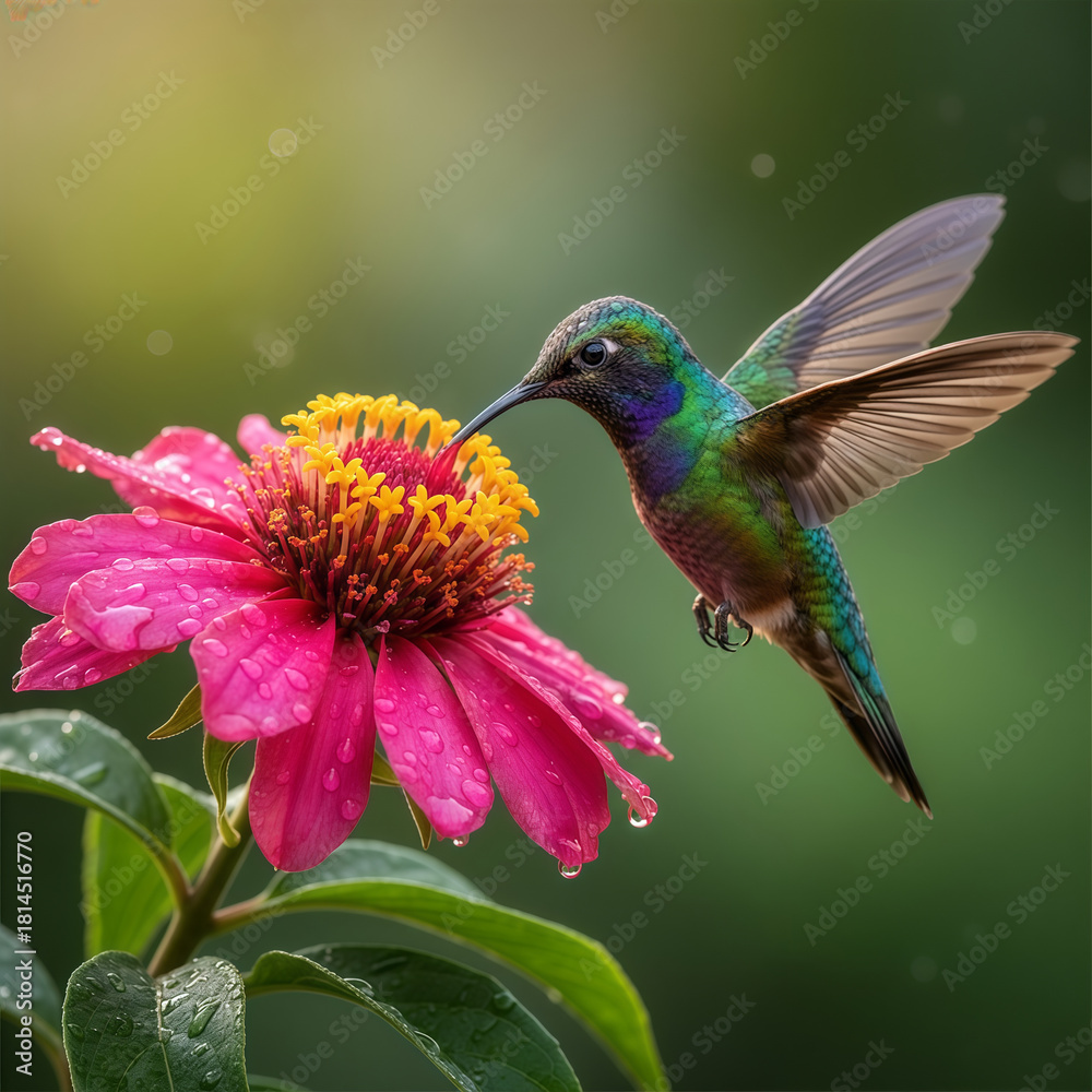 Fototapeta premium A hummingbird collecting honey from flower.