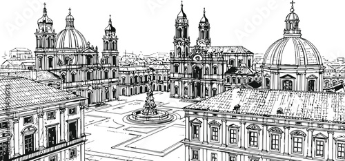 Ornate gothic architecture silhouette featuring multiple spires and domes on dark background