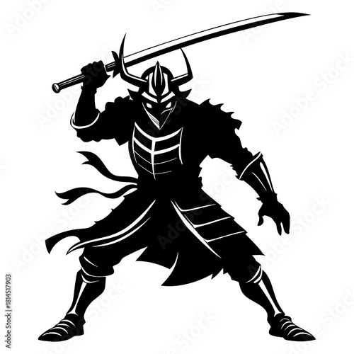 Silhouette vector art illustration of a samurai warrior in a dynamic fighting stance