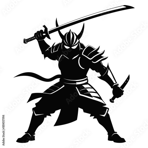Silhouette vector art illustration of a samurai warrior in a dynamic fighting stance