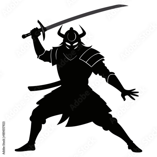 Silhouette vector art illustration of a samurai warrior in a dynamic fighting stance