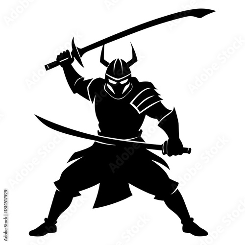 Silhouette vector art illustration of a samurai warrior in a dynamic fighting stance