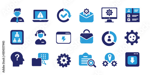 Modern technology, business, and data management flat blue icons