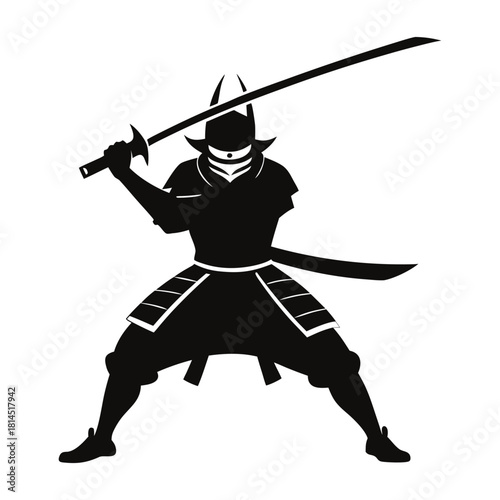 Silhouette vector art illustration of a samurai warrior in a dynamic fighting stance