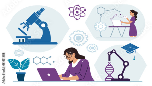 STEM famale scientist and lab elements vector illustration
