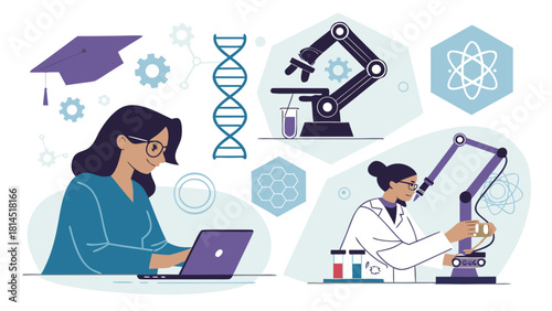 STEM famale scientist and lab elements vector illustration