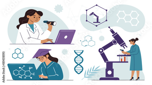 STEM famale scientist and lab elements vector illustration