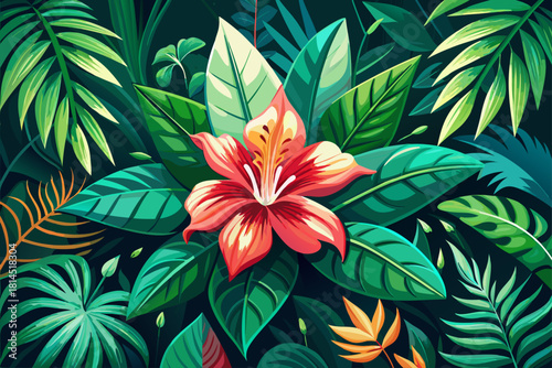 Exotic tropical flower surrounded by lush green foliage, vibrant botanical nature scenes, forest plant close-up, and dark green natural background for decorative design.