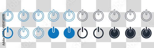 Power button icons in various styles and colors representing on off switch symbol for interface design