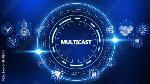 Digital multicast concept with glowing neon icons and central text on dark blue background technology