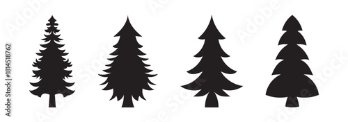 Pine tree silhouette set, black forest icons, evergreen vector clipart, nature graphic elements, stylized tree shapes, outdoor design assets