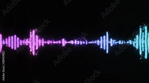 A neon-like sound wave visualization with blue, purple, and green gradients set against a dark background, suggestive of music