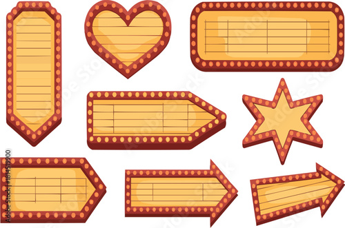 Retro illuminated signs collection for your message, vintage light frames in star, heart, arrow and rectangle shapes, perfect for theater or advertising