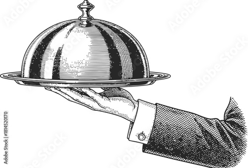 Professional hand holding serving tray with cloche for catering and dining experience