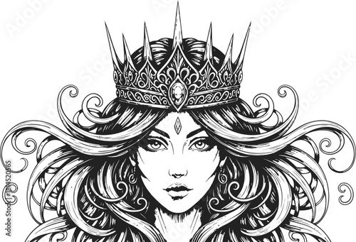 Regal queen illustration with a spiked crown and flowing hair in a dark theme