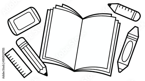 Back to school coloring page with school supplies and open book