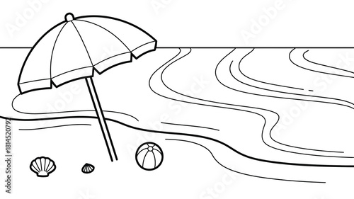 Black and white beach scene with umbrella seashell and beach ball