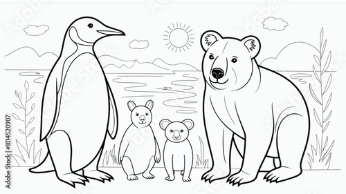 Childrens coloring page with cute animals in a natural landscape scenery