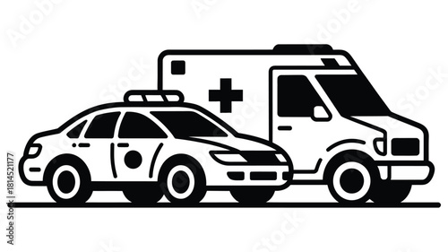 Emergency Vehicles Police Car and Ambulance Illustration in Black and White