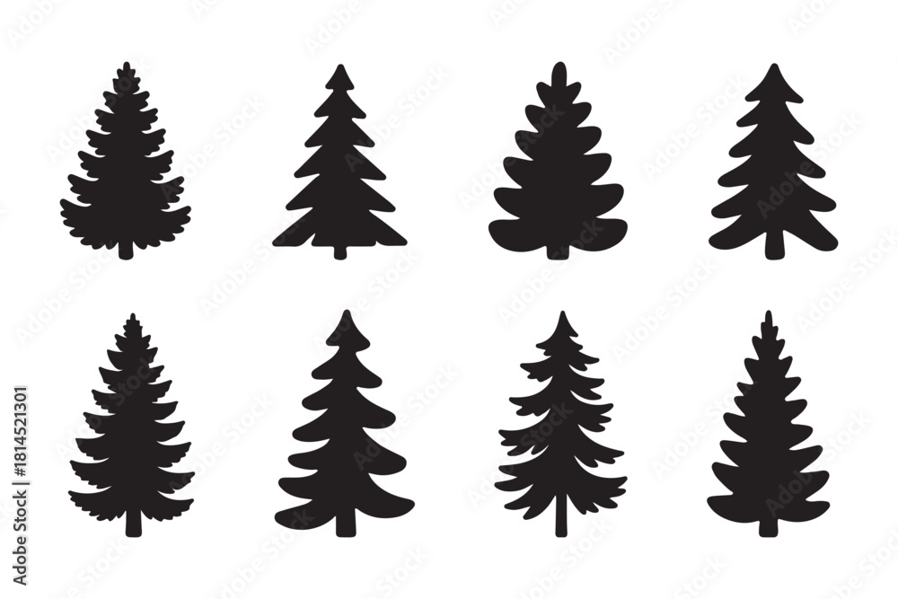 Obraz premium Christmas tree silhouette set, holiday pine icons, festive evergreen clipart, black tree shapes, winter decoration graphics, seasonal vector design