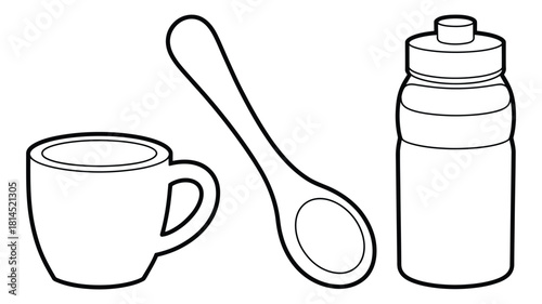 Line art illustration of cup spoon and sports water bottle design