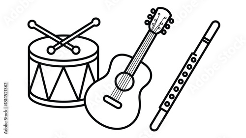 Musical instruments illustration featuring drum guitar and flute for educational material