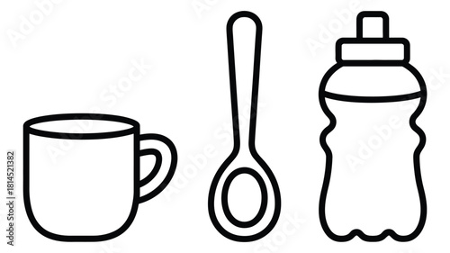 Minimalist outline of a mug spoon and water bottle for design